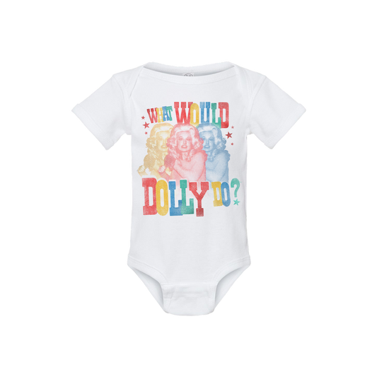 White bodysuit with ’Wild’ and colorful dog image - WWDD Triple Infant Onesie, Dolly Parton Store