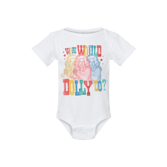 White bodysuit with ’Wild’ and colorful dog image - WWDD Triple Infant Onesie, Dolly Parton Store