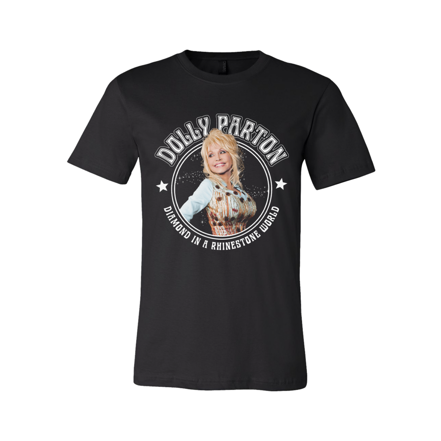 Official Dolly Parton Merchandise. 100% black cotton unisex t-shirt with a photo of Dolly Parton and the lyrics Diamond in a Rhinestone World.