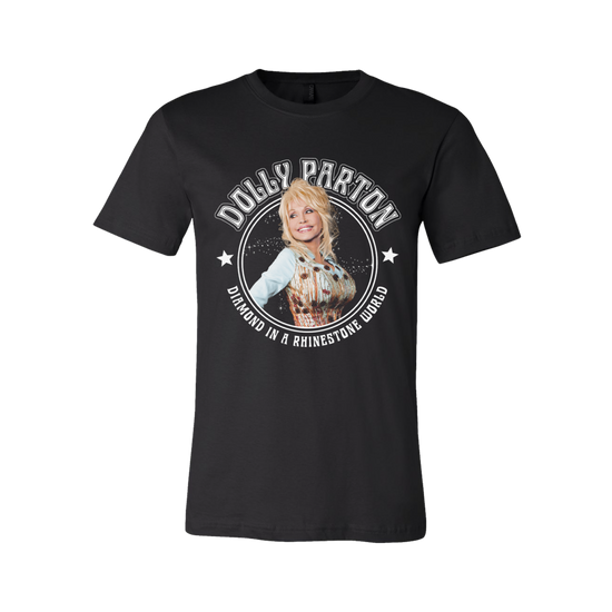 Official Dolly Parton Merchandise. 100% black cotton unisex t-shirt with a photo of Dolly Parton and the lyrics Diamond in a Rhinestone World.
