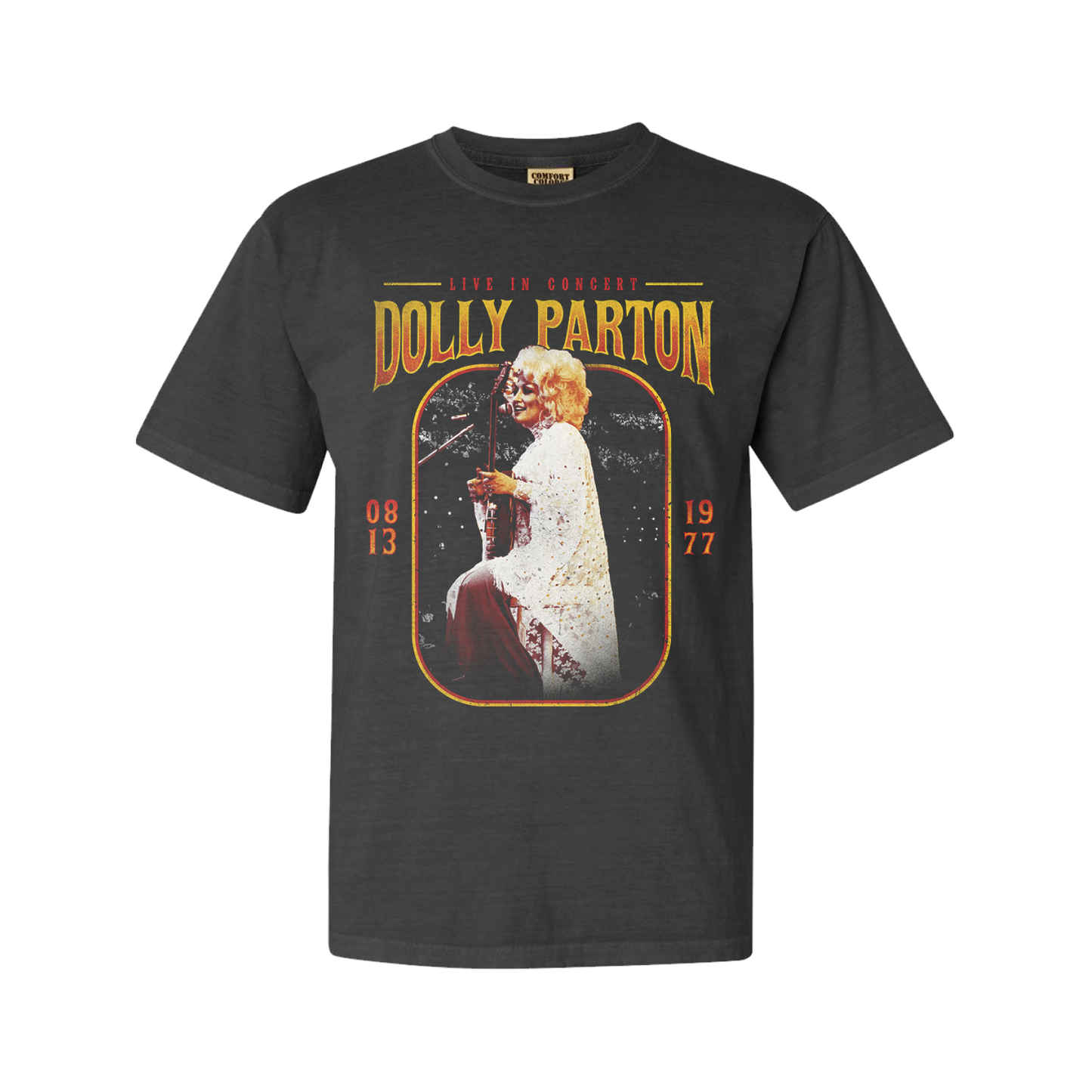 Official Dolly Parton Merchandise. Premium 100% grey cotton unisex t-shirt with a vintage 70's live photo of Dolly Parton playing guitar in white crocheted dress.