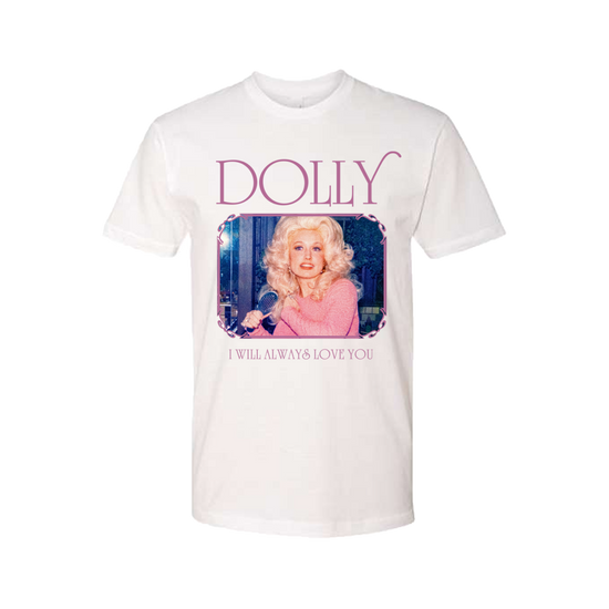 Official Dolly Parton Merchandise. 100% white cotton unisex t-shirt with a pink and blue photo of young Dolly Parton and the lyrics "I Will Always Love You" on the front.
