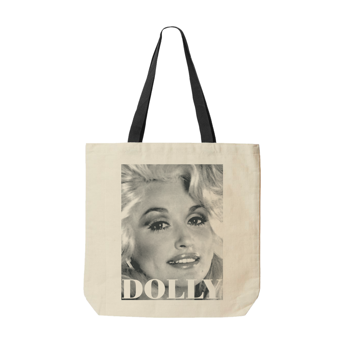 Official Dolly Parton Merchandise. Iconic black and while photo of a young Dolly Parton printed on a natural heavy weight canvas tote bag with black handles.