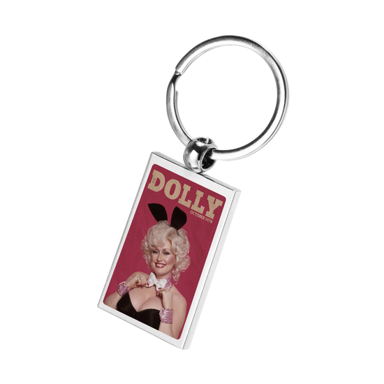 Official Dolly Parton Merchandise. Dolly Parton Bunny 1978 Playboy cover image metal keychain. 2.5" wide custom metal keychain.