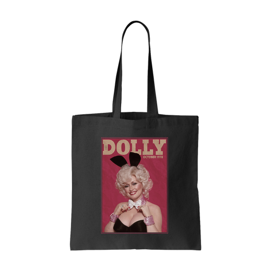 Official Dolly Parton Merchandise. Black tote bag with the original Dolly Parton 1978 Playboy magazine cover printed on the front.