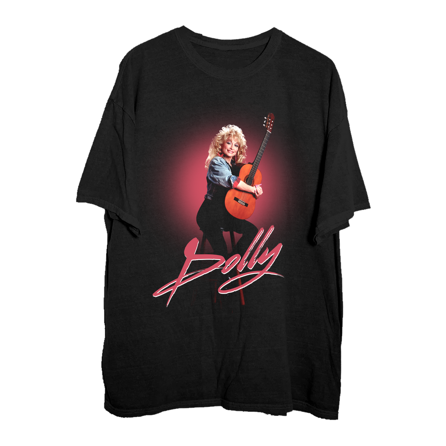 Official Dolly Parton Merchandise. 100% black premium cotton t-shirt with a photo of Dolly Parton sitting on a stool with an acoustic guitar and a red 80's rock and roll inspired Dolly script logo across the bottom.
