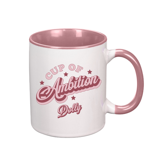 Official Dolly Parton Merchandise. White ceramic 11oz mug with a pink handle and the words Cup of Ambition printed on one side.
