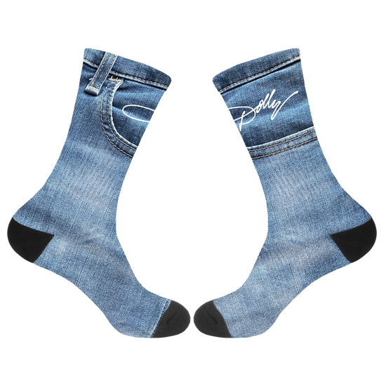 Official Dolly Parton Merchandise. 100% polyester sublimated blue jean socks featuring the white Dolly Parton signature logo.